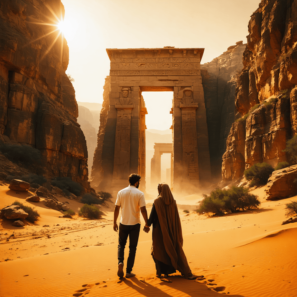 The scene unfolds outdoors in a desert landscape, dominated by a monumental ancient rock-cut structure.