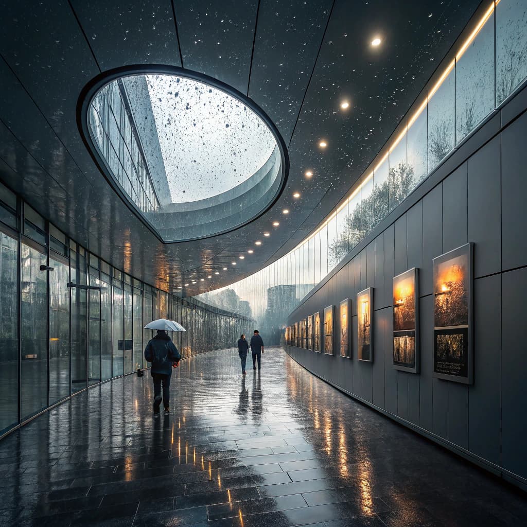 The scene is set in a sleek, modern indoor passageway with a tunnel-like architecture.
