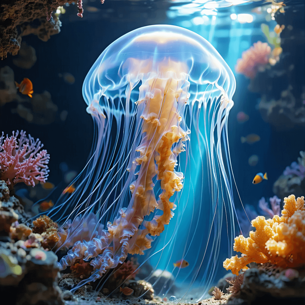 The scene is set underwater, surrounded by a dark, almost black background that evokes a sense of depth and mystery.