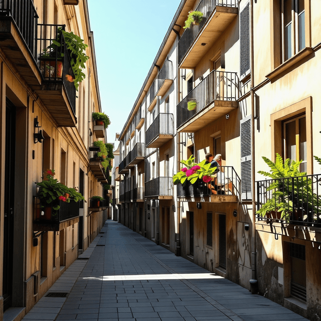 The scene is set outdoors in a narrow urban alley lined with tall residential buildings on both sides.