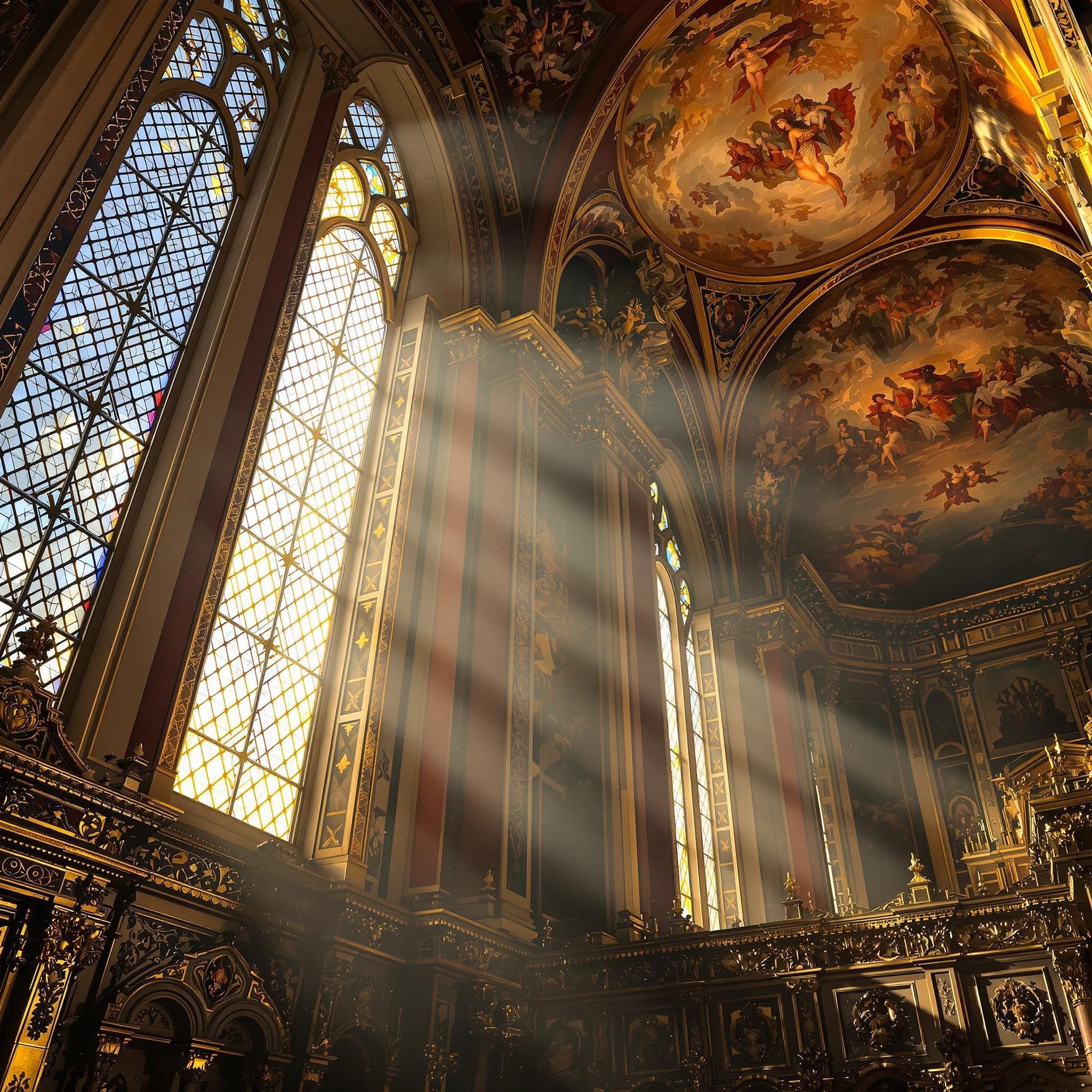 The scene is indoors, likely within a grand cathedral or historical building.
