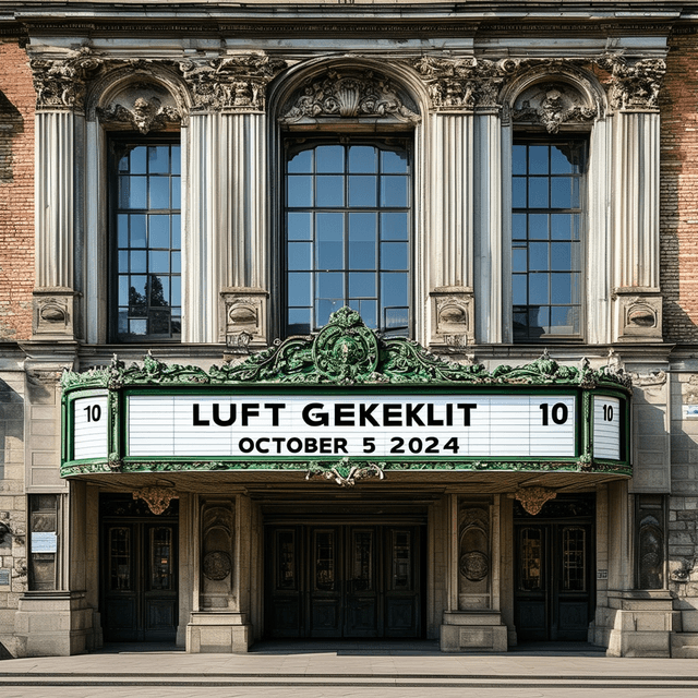 The scene takes place outdoors in front of a classic theater entrance.