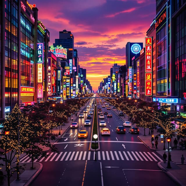 The scene is an urban nighttime setting, likely a bustling city center.