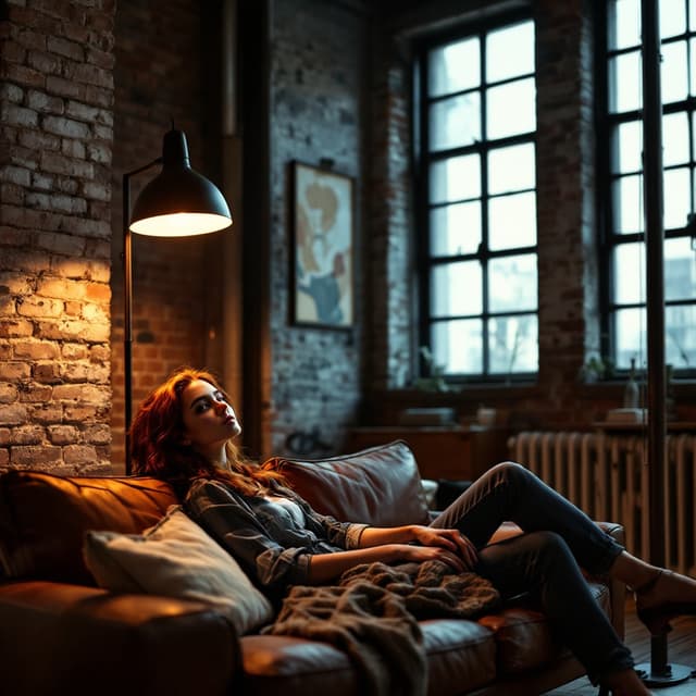 The scene is set indoors, characterized by the warm and cozy ambiance created by the soft, ambient glow of a stylish floor lamp with a decorative shade.