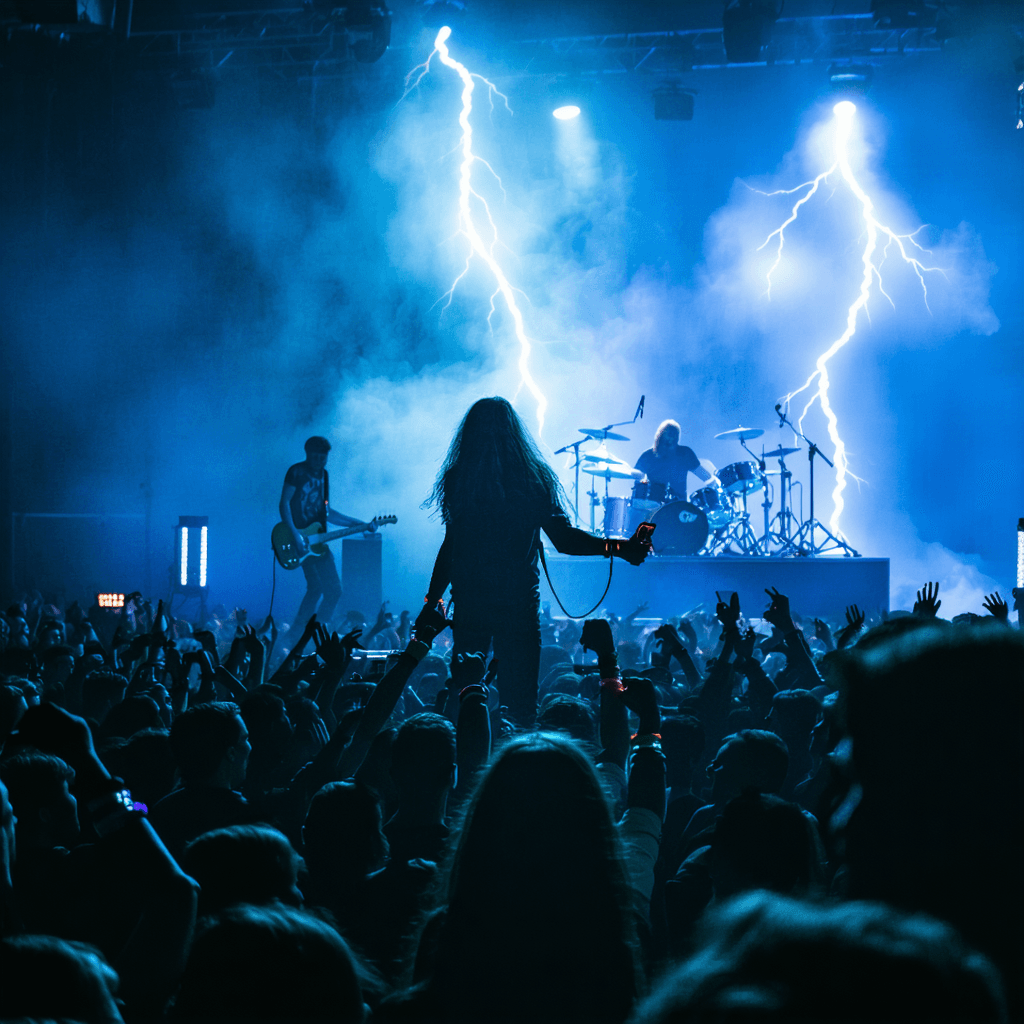 The scene is indoors, set in a vibrant concert venue filled with a lively atmosphere.