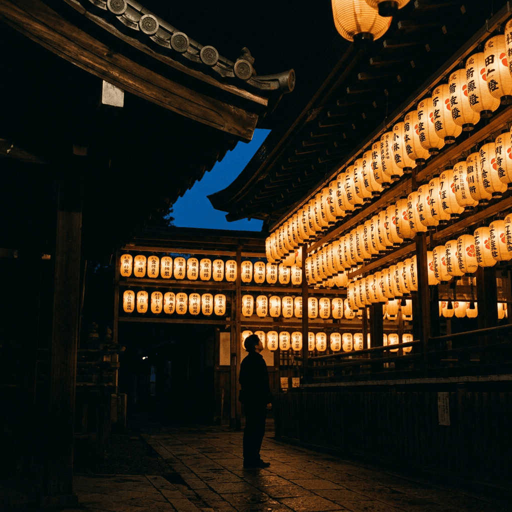 A dark exterior setting at dusk or night shows the underside of a traditional building roof at the top left against a small wedge of pale sky, while three tightly packed rows of warm amber paper lanterns fill the upper and right side of the frame.
