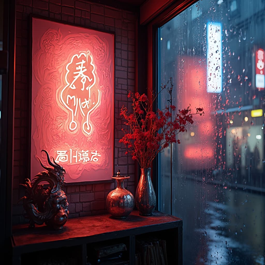 The scene unfolds indoors, most likely within a vibrant, urban setting characterized by a dazzling array of neon lights.