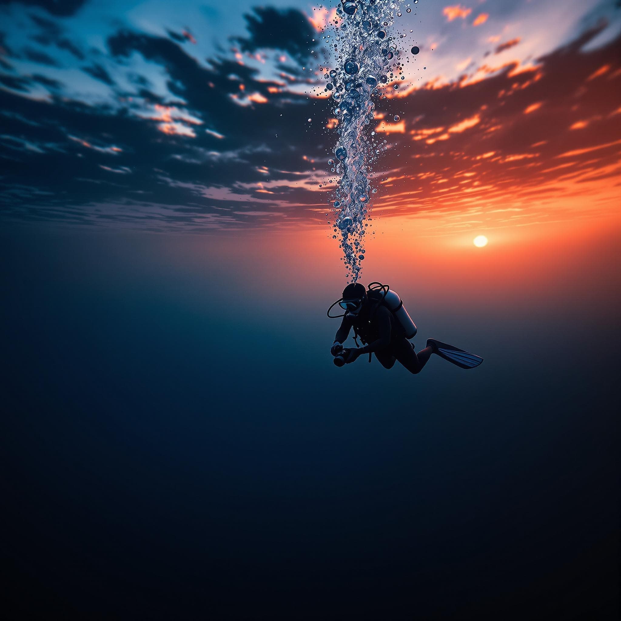 The scene is set underwater, with a single diver as the central figure in a vast, open ocean.