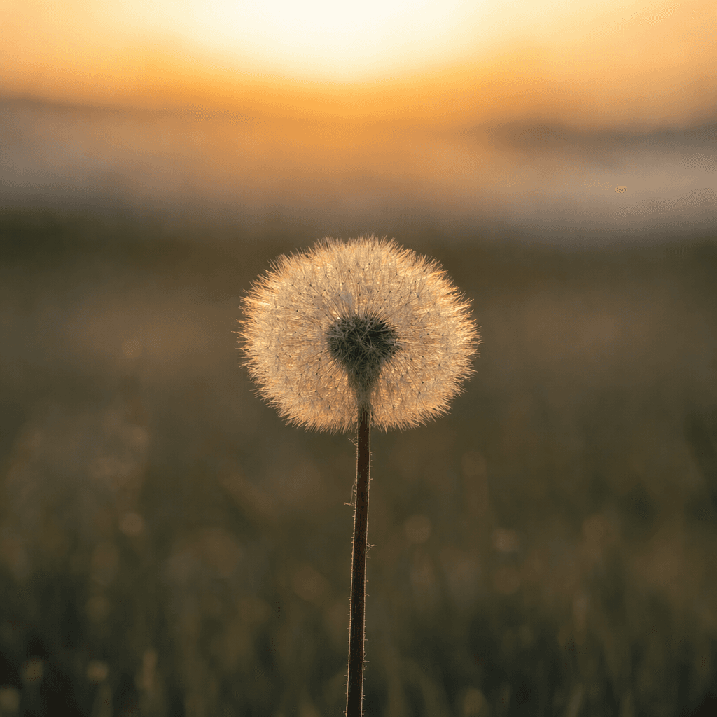 A close-up view shows a single fluffy white seed head on a thin green stem centered low in the frame, with delicate filaments radiating outward and a darker core visible through the fibers.