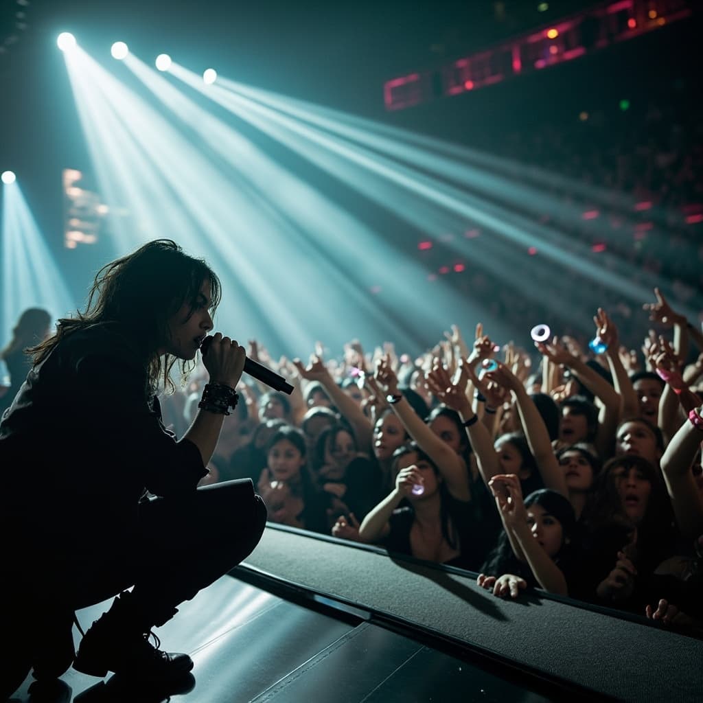 The scene is set indoors in a large, vibrant concert hall filled with energy.