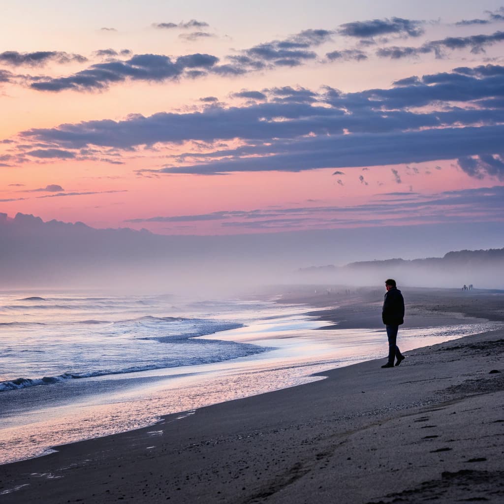 The scene is set outdoors at a tranquil beach, captured during the serene moments of sunset.