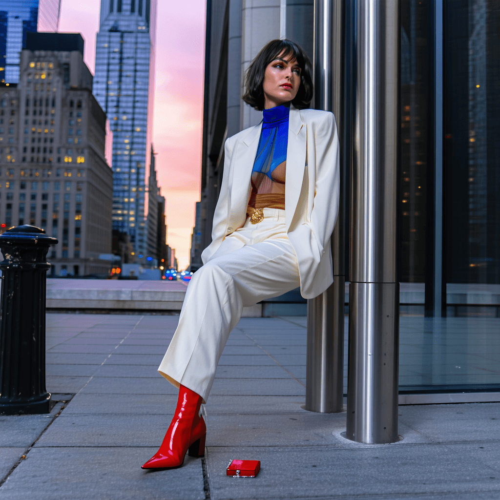 The scene is set outdoors, likely by a building with a dark, glossy exterior, indicated by large, reflective panels behind the central figure.