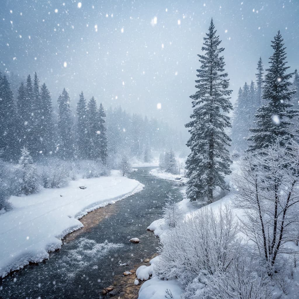 The scene presents an outdoor winter landscape viewed from above.