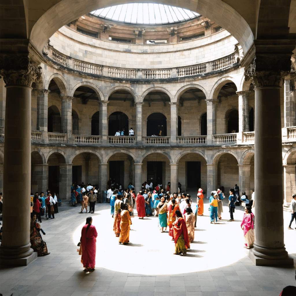 The scene is set in a grand indoor courtyard characterized by a circular architecture.