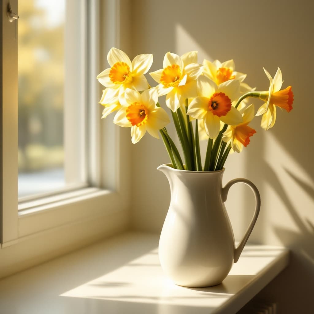 The setting is indoors, likely in a cozy, sunlit room.