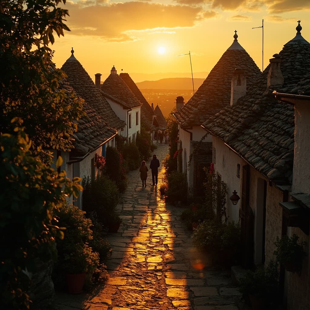 The scene captures an outdoor view of a quaint village during the daytime, under a clear, bright blue sky.