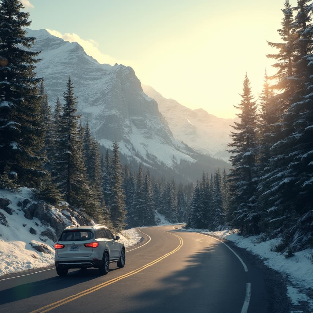 The scene is set outdoors along a winding mountain road amid a picturesque landscape.