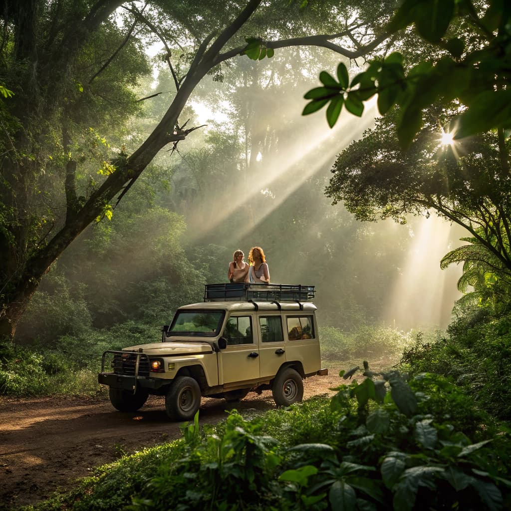 The scene is set outdoors during what appears to be the morning or early afternoon, with soft natural lighting filtering through lush, green trees, casting gentle shadows on the ground.