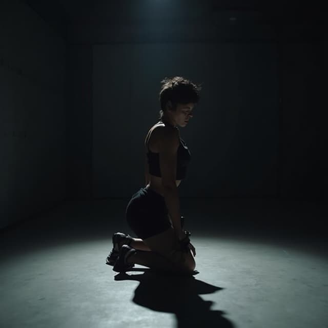 The scene is set indoors within a minimalistic, dimly lit room.