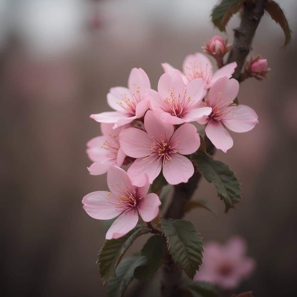 The scene is a close-up, detailed view of delicate pink blossoms against a blurred background.