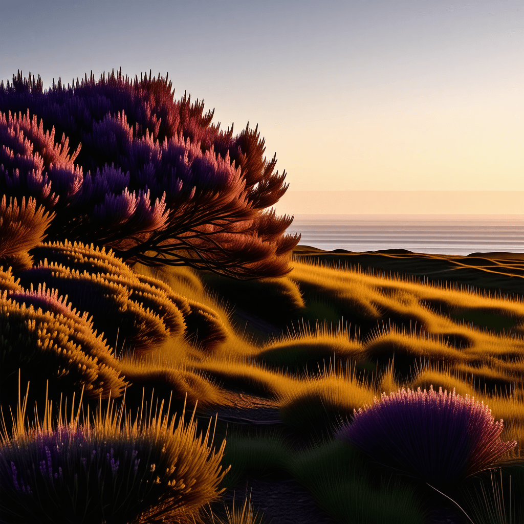 The scene is set outdoors in a vast field of blooming heather, captured during the soft glow of either sunrise or sunset.