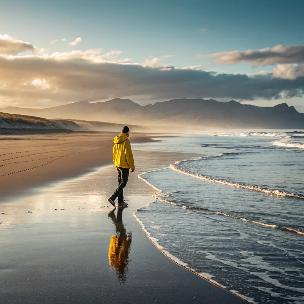 The scene is set outdoors on a vast, serene beach during the gentle transition of dusk.