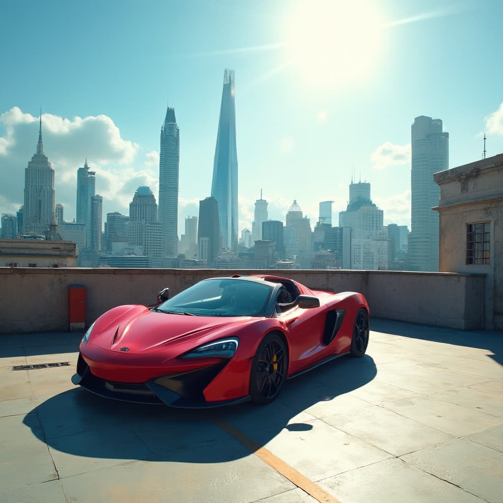 The scene is set on a rooftop parking structure in an urban environment during the serene moments of dusk.