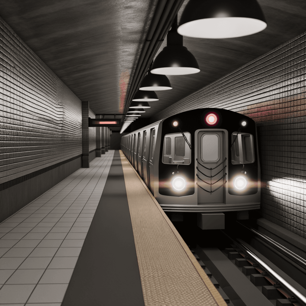 The image depicts a subway train station with a train approaching the platform.