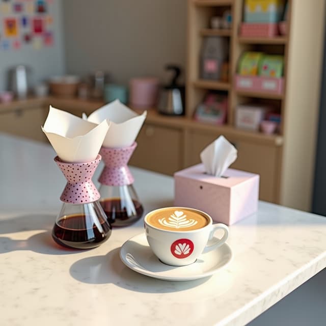The scene is set indoors, likely in a cozy café or a coffee preparation area, with soft, ambient lighting that suggests it might be either morning or early afternoon.