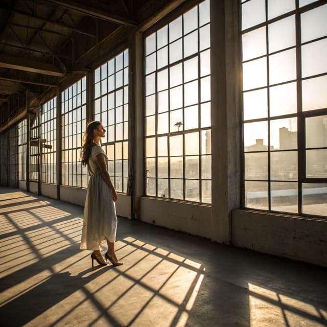 The scene is set indoors, possibly in a spacious industrial building or loft with large grid-style windows that stretch from floor to ceiling.