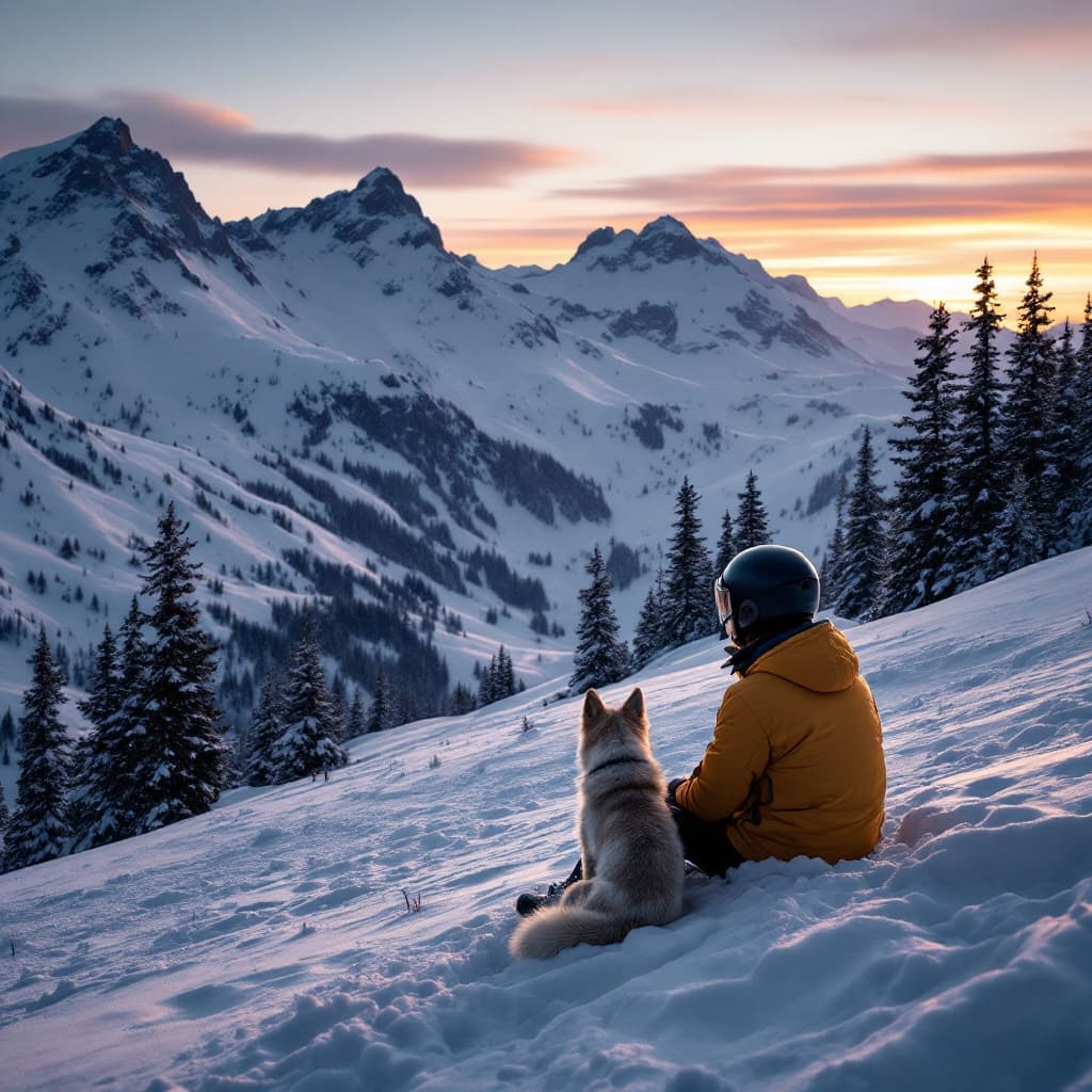 The scene is set outdoors on a snowy mountainside under a clear blue sky.