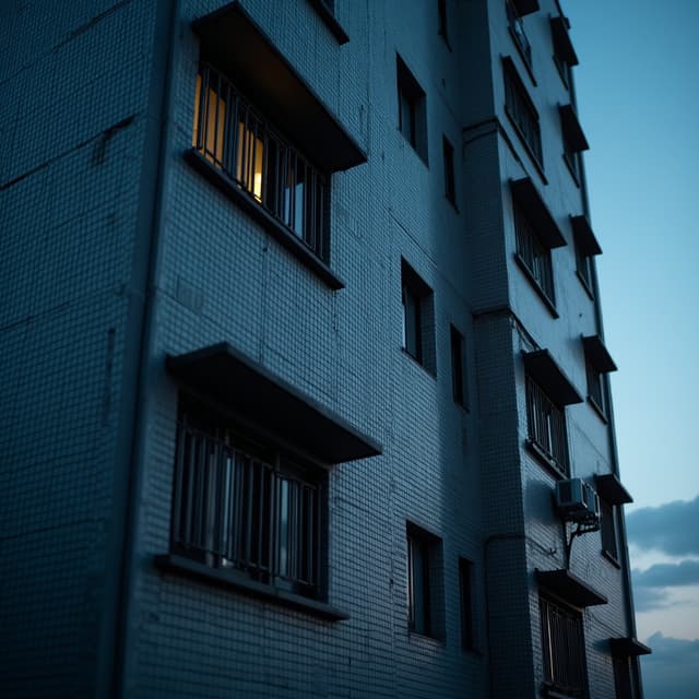 The scene is outdoors, featuring a multi-story building with a tiled facade.