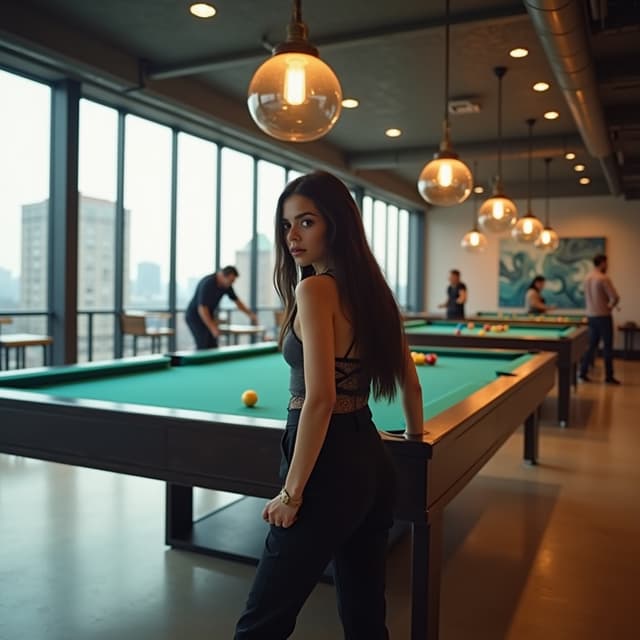 The scene is set indoors, in a modern billiards hall illuminated by bright, artificial lighting.