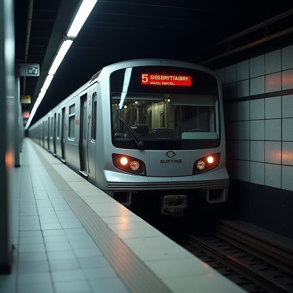 The image depicts a subway train station with a train approaching the platform.
