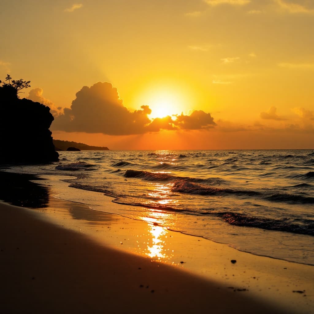 The scene is set outdoors at a tranquil beach, captured during the serene moments of sunset.
