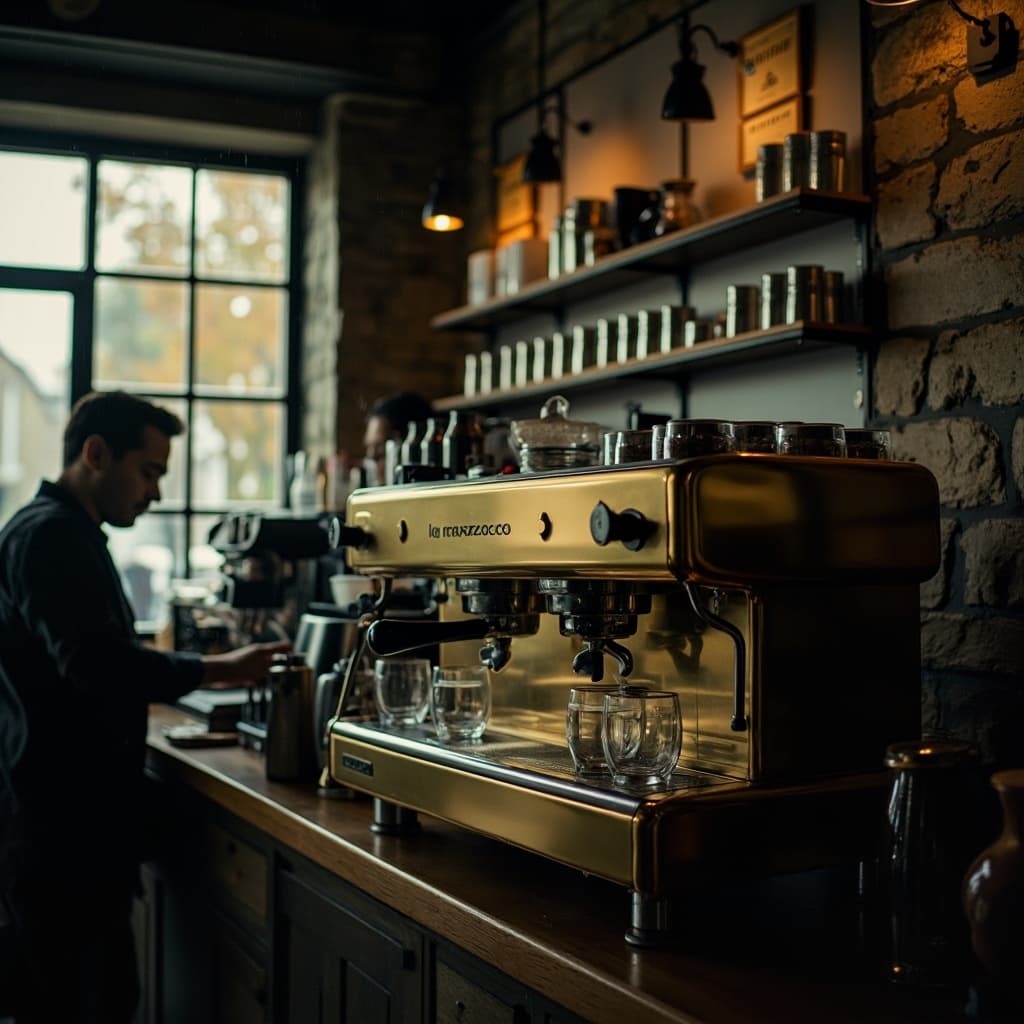 The scene is set indoors in a cozy café with a warm, inviting atmosphere.