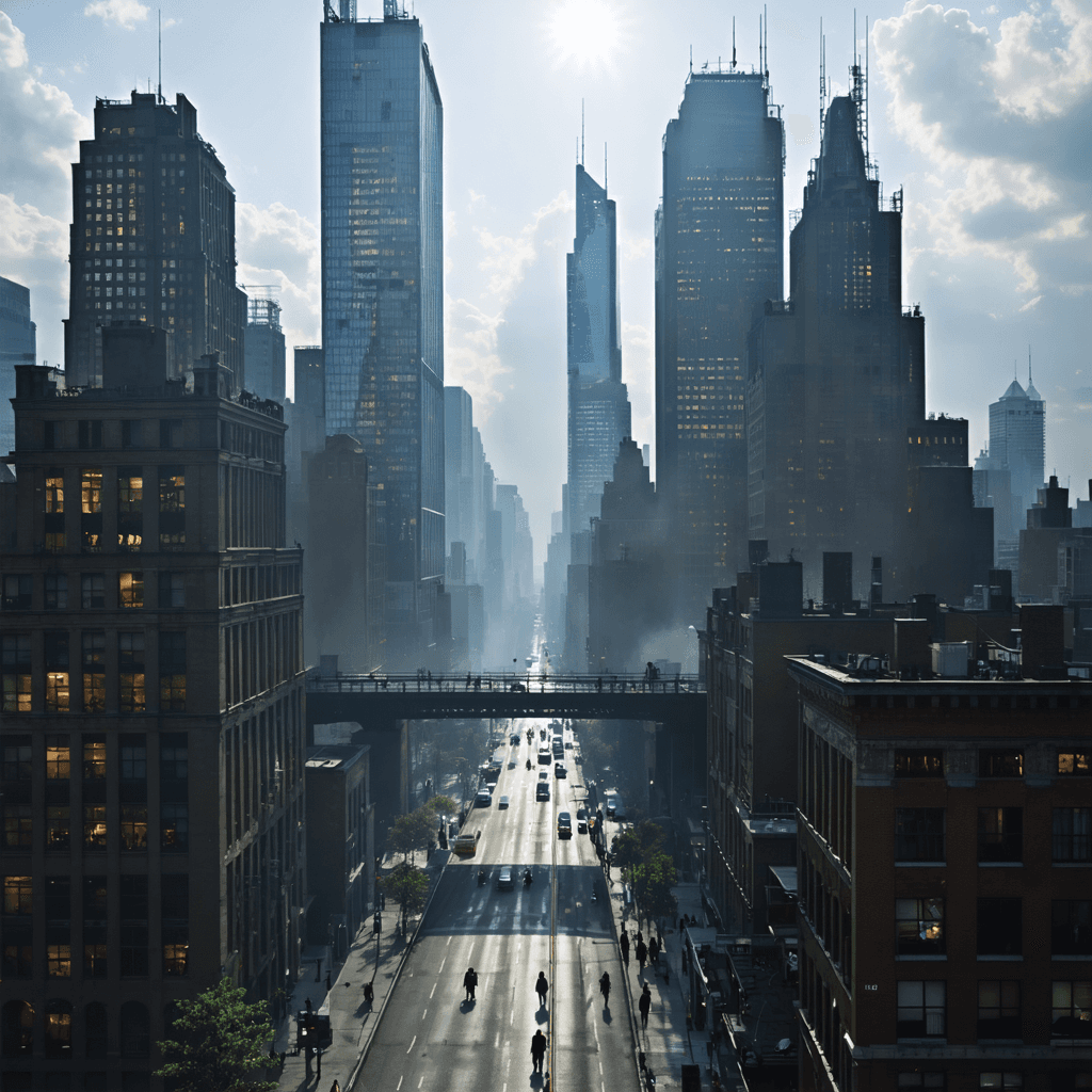 The scene is set outdoors in a bustling urban environment.