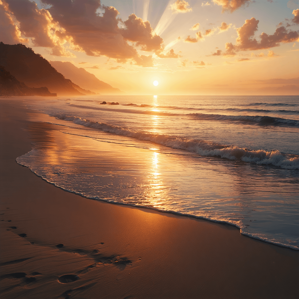 The scene is set outdoors at a tranquil beach during sunset.