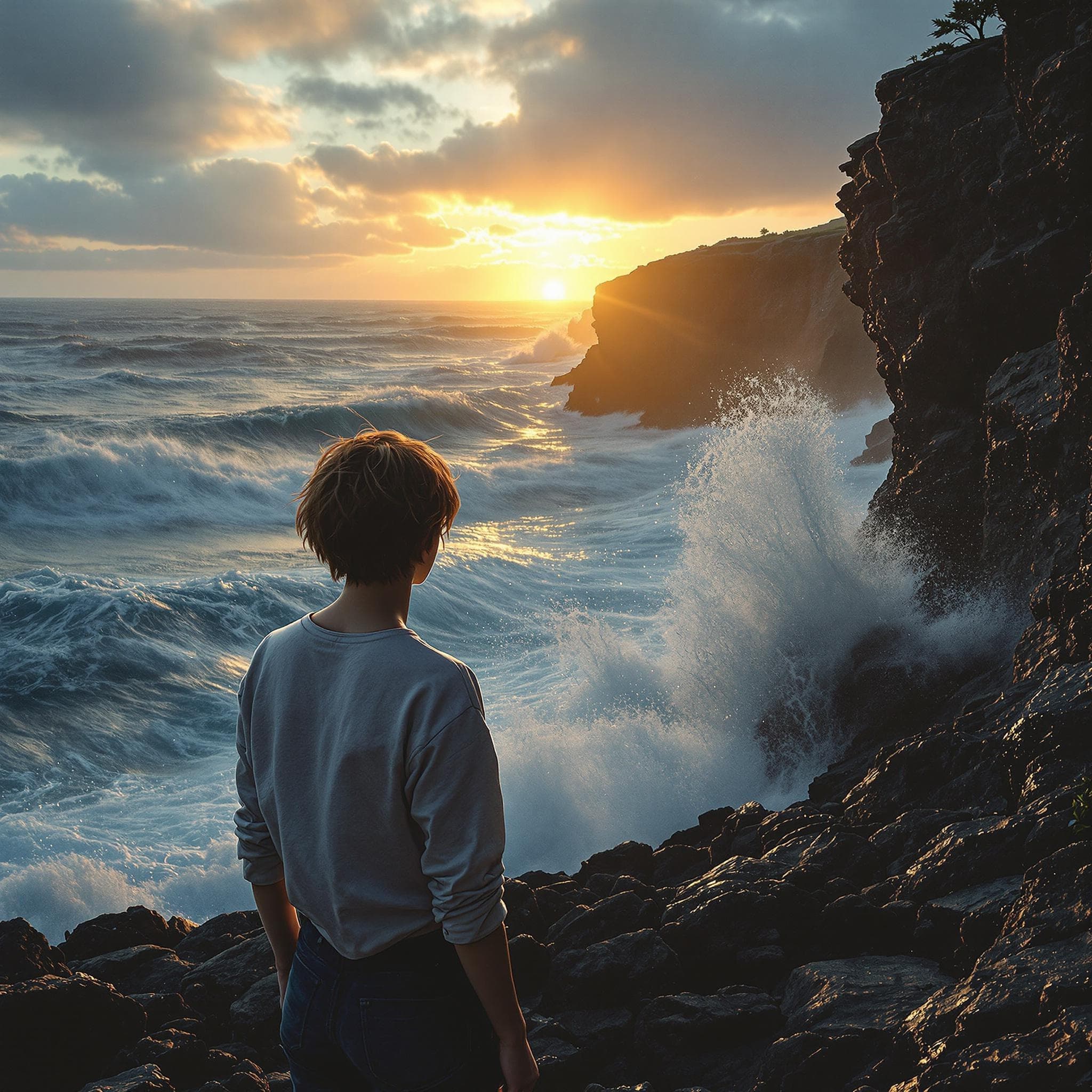 The scene is set outdoors by a tranquil seaside during the soft glow of early evening.