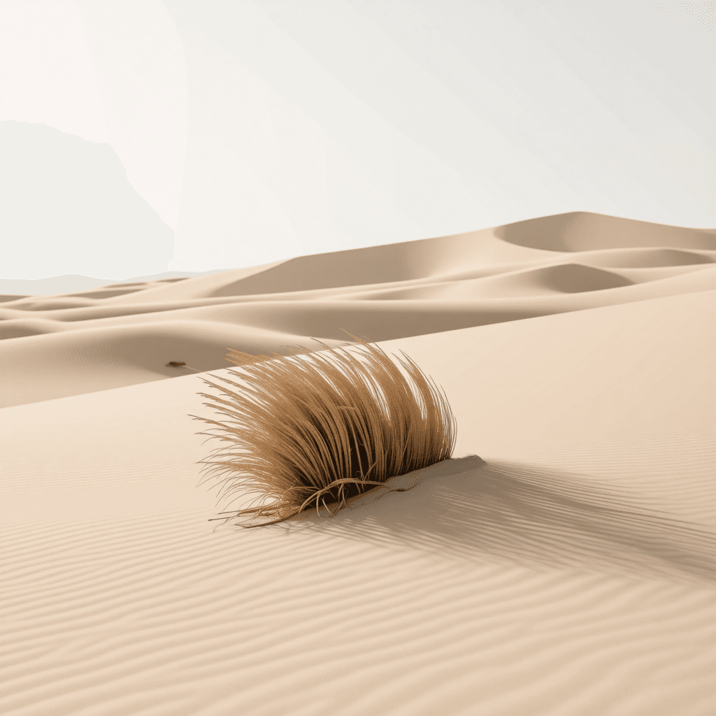 The scene takes place outdoors in a vast desert landscape, characterized by smooth, undulating dunes of white sand that stretch into the distance.