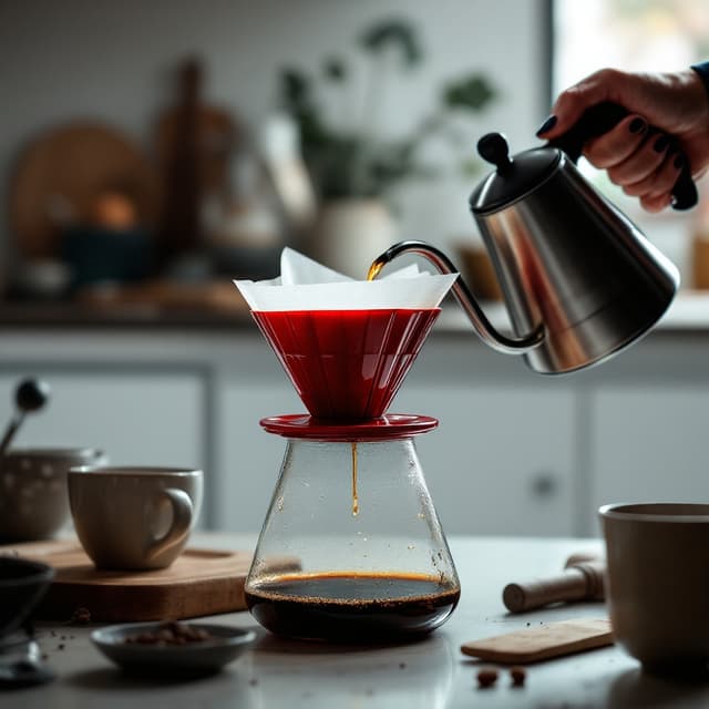 The scene is set indoors, likely in a cozy kitchen or a coffee shop, with soft lighting that suggests either early morning or late afternoon.