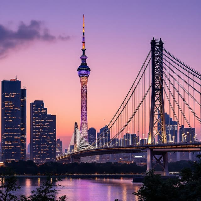 The scene is an outdoor cityscape at dusk, with the sky transitioning from deep blue to shades of purple and pink as the day turns to night.