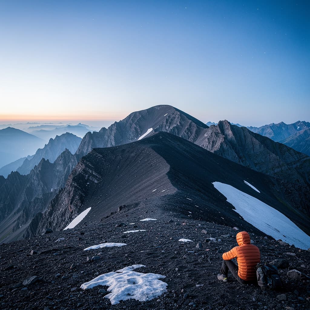 A high alpine mountain scene at twilight shows a broad rocky summit in the foreground, strewn with dark scree and irregular patches of snow and ice, leading to a narrow rounded ridge.