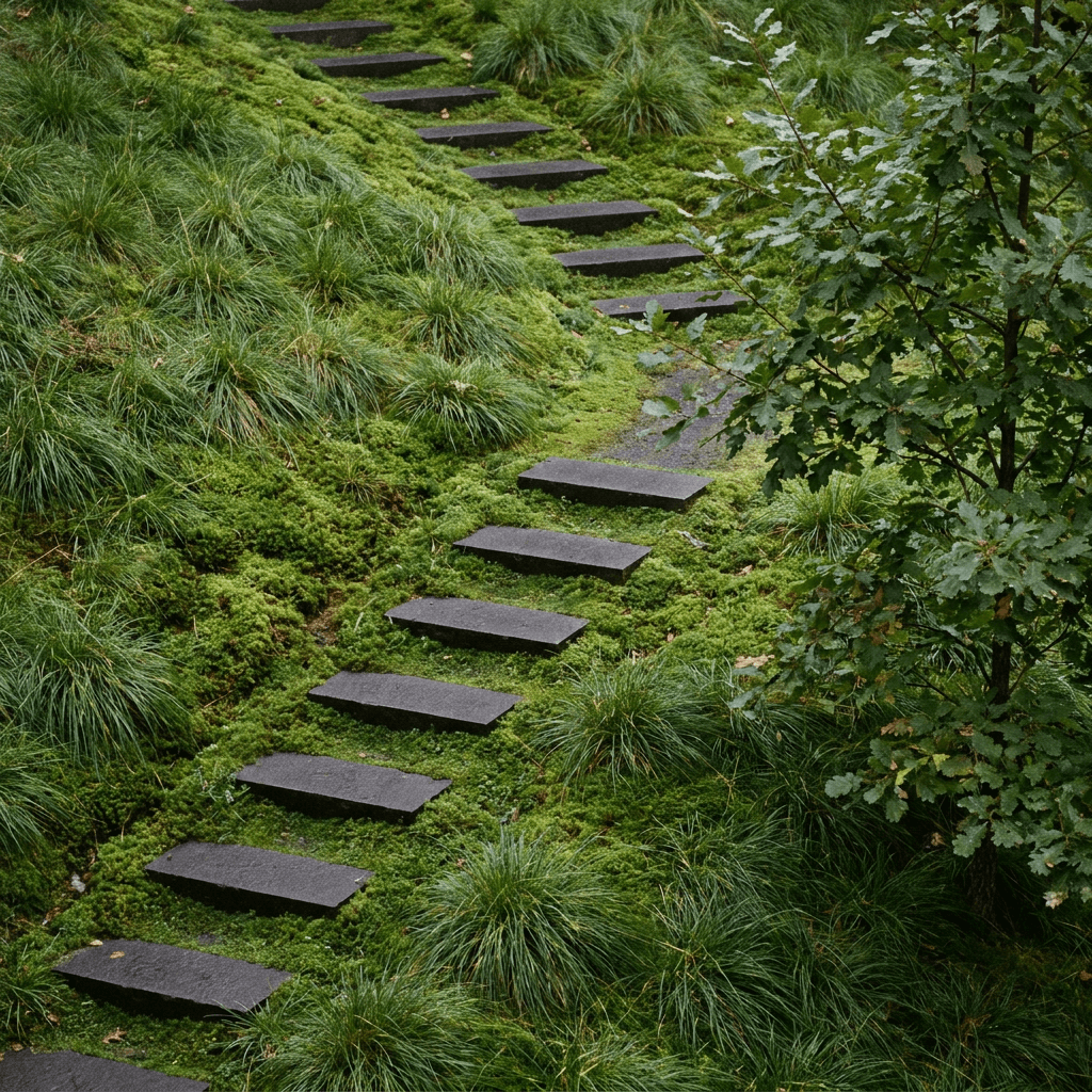 A high-angle view shows a dense, landscaped green slope covered in long, tufted grass or groundcover, with a narrow S-shaped path of dark rectangular stepping stones cutting diagonally from the lower left toward the upper center.