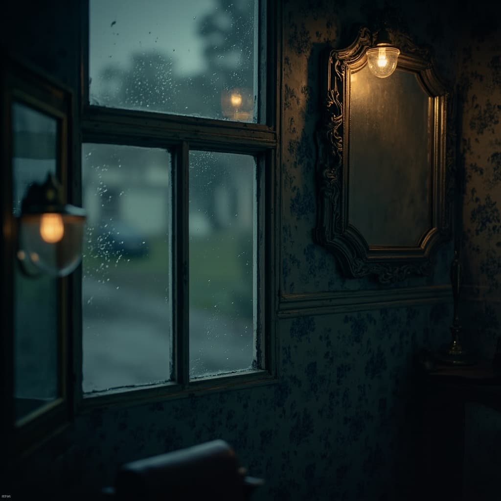 The scene is set indoors in a room with a vintage, cozy aesthetic.