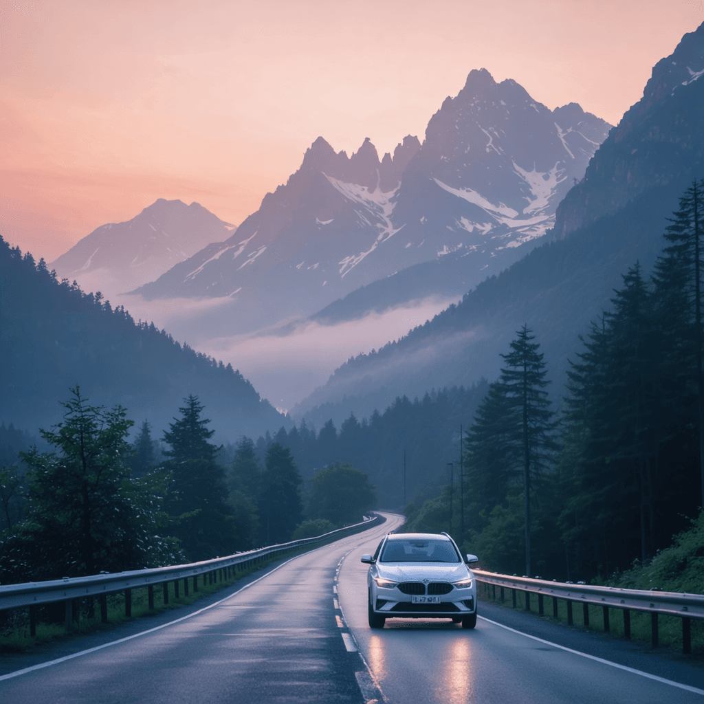 The scene is set outdoors along a winding mountain road amid a picturesque landscape.