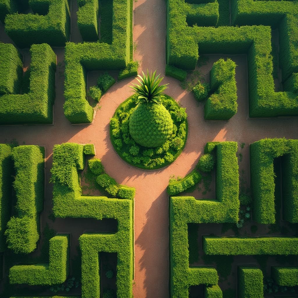 The scene is an aerial view of an outdoor garden, featuring a meticulously designed maze and a large central shape resembling a pineapple.