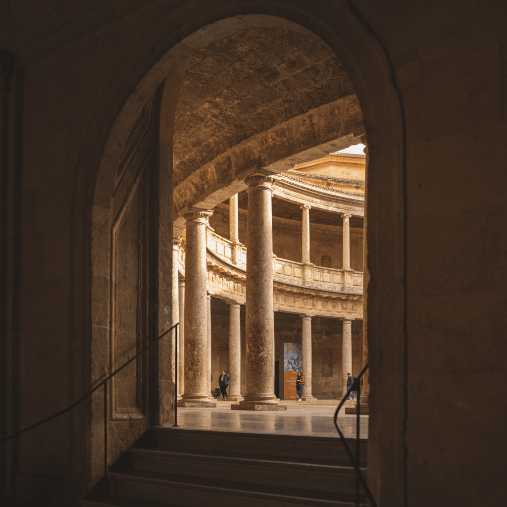 The scene is set in a grand indoor courtyard characterized by a circular architecture.