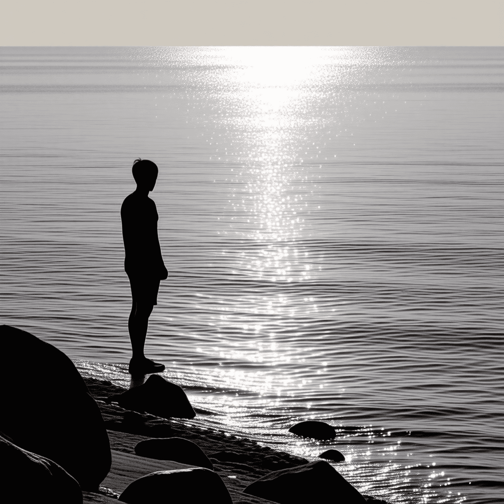 The scene is set outdoors by a tranquil seaside during the soft glow of early evening.