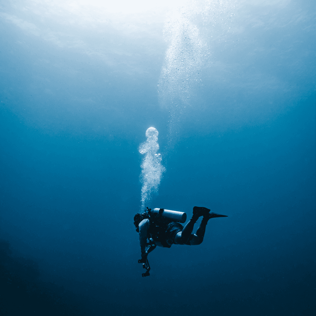 The scene is set underwater, with a single diver as the central figure in a vast, open ocean.